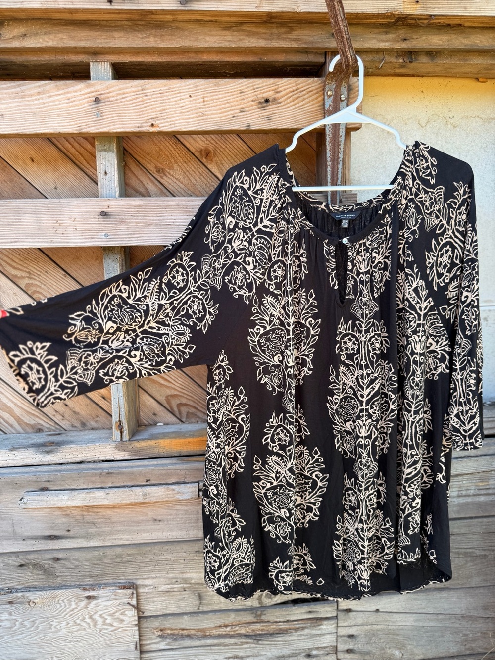 Lucky Brand Black and Cream Printed Peasant Blouse - Picture 3 of 6